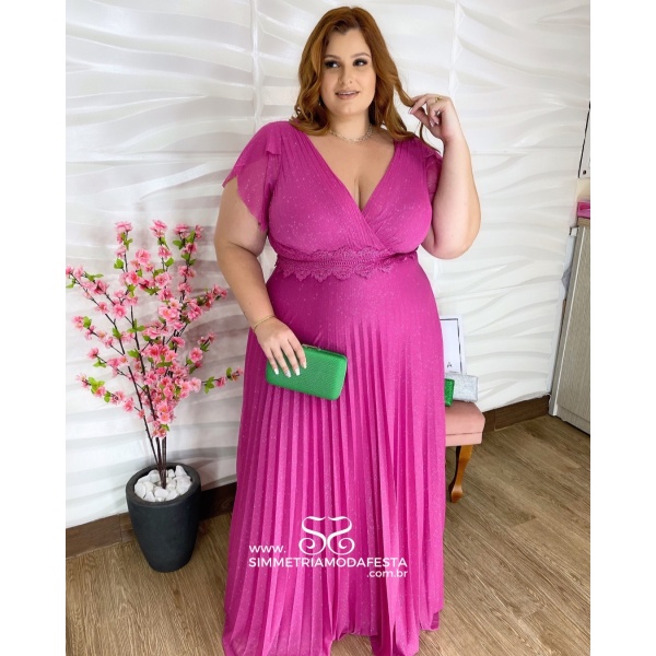 VESTIDO PLUS SIZE PINK COM MANGAS E SAIA PLISSADA EM LUREX